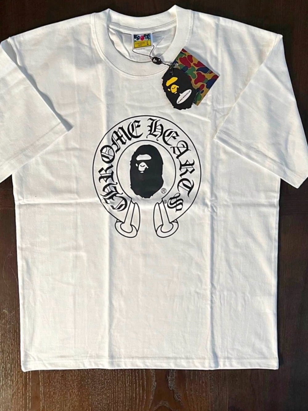 Bape White Short Sleeve Tee with Black Logo Graphic